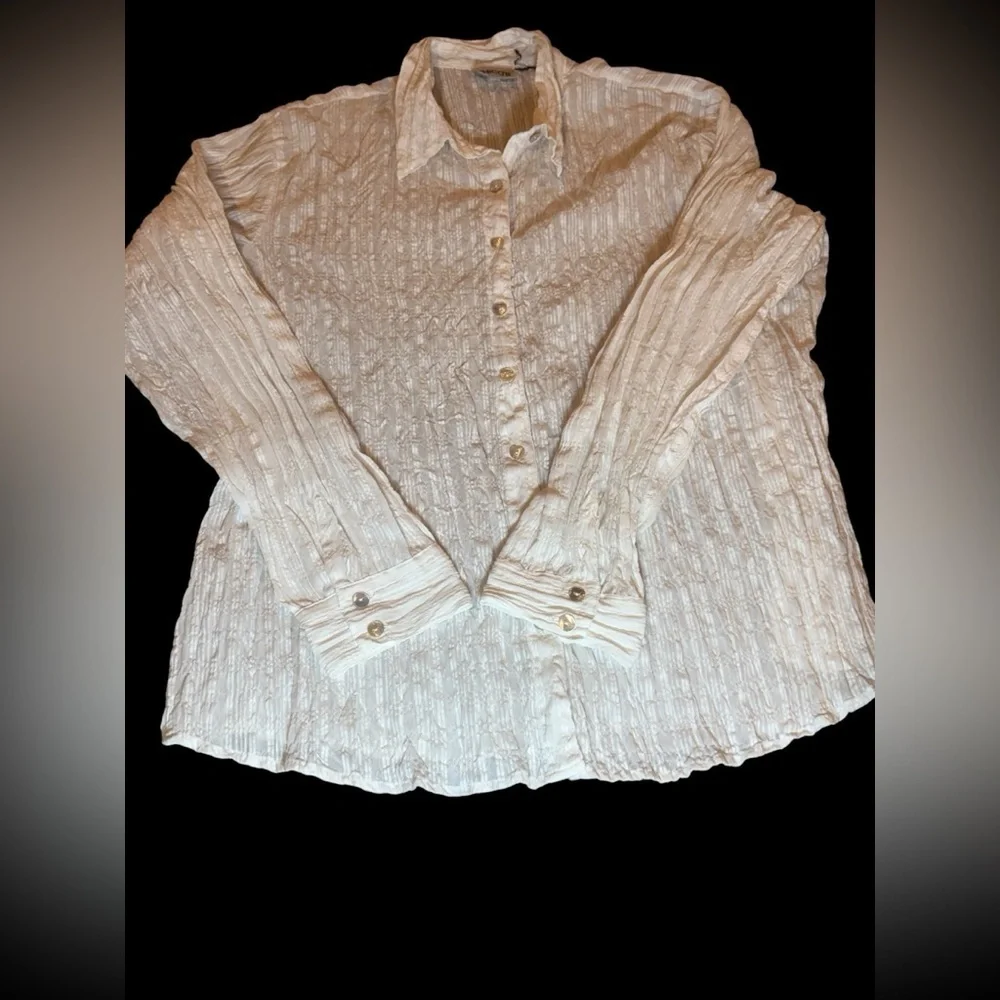 Chico’s white crinkly button‎ up long sleeve top, ladies’ size large